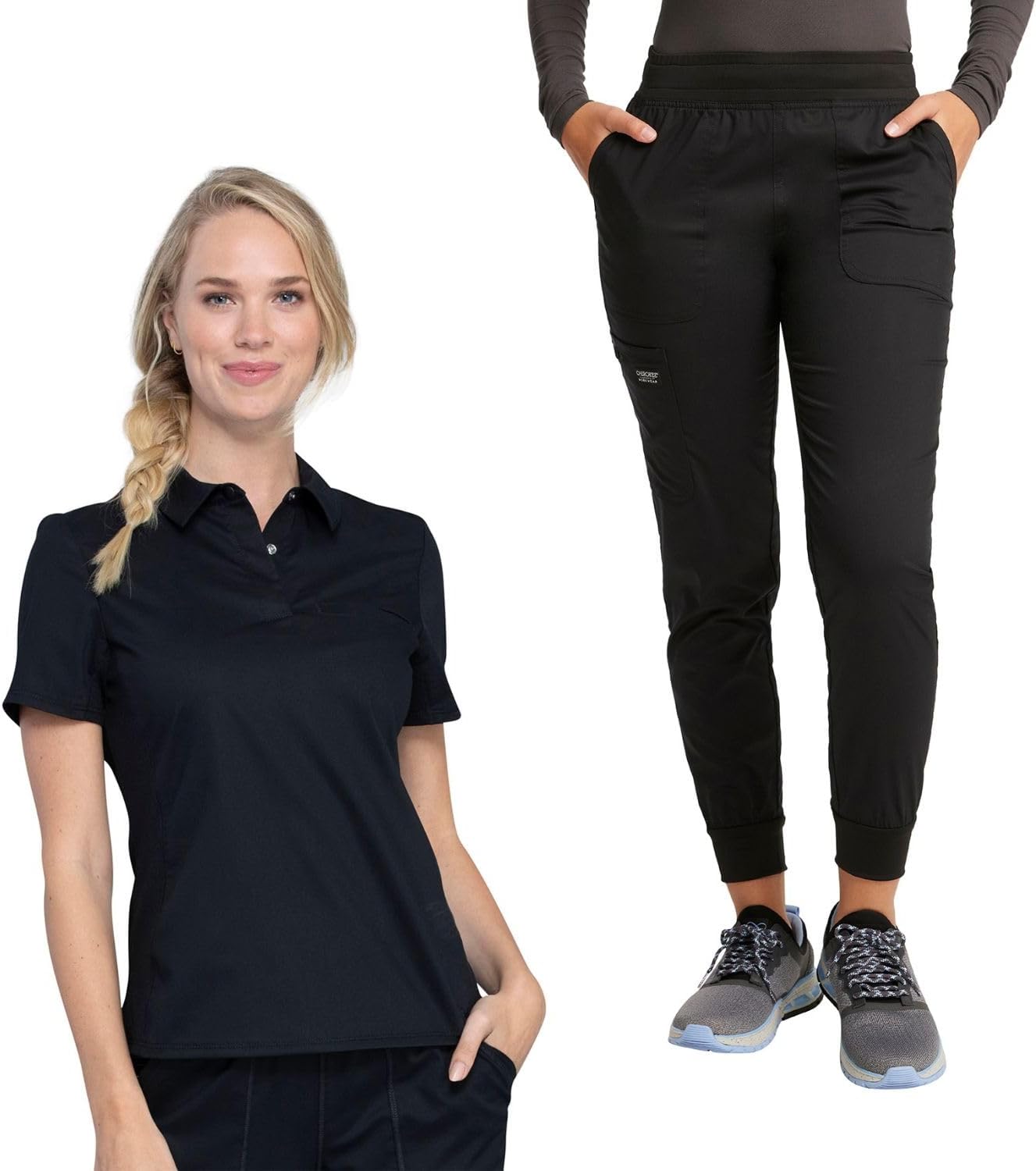 Cherokee Women Scrub Set Tuckable Snap Front Polo Shirt WW698 With Modern Classic fit Mid Rise Waist Scrub Jogger Pant WW115