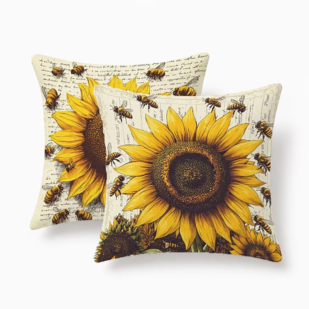Housses de coussin 60x60cm imperméables en lin lot de 2 motif abeille fleur