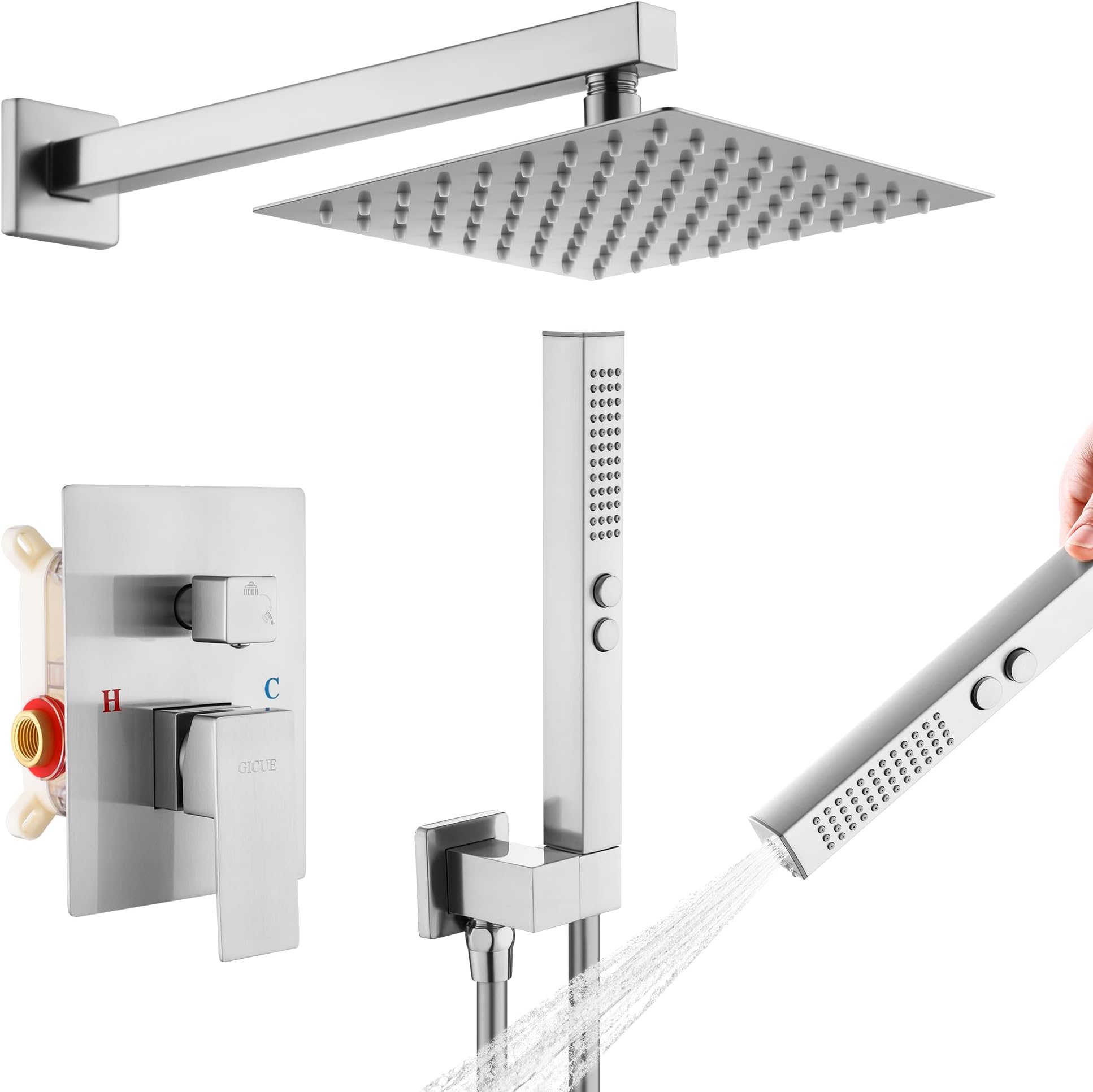 Rainfall Shower System Set, 8'' Brushed Nickel Wall Mounted Square Shower Head with 2-Spray Handheld Sprayer, Anti-Chip Brass & 304 Stainless Steel Faucet Trim Kit (With Integrated Mixer Valve)