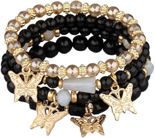 CaForiah 4 Pcs Cute Butterfly Charm Crystal Stone Bracelets Set Gold Beaded Stac