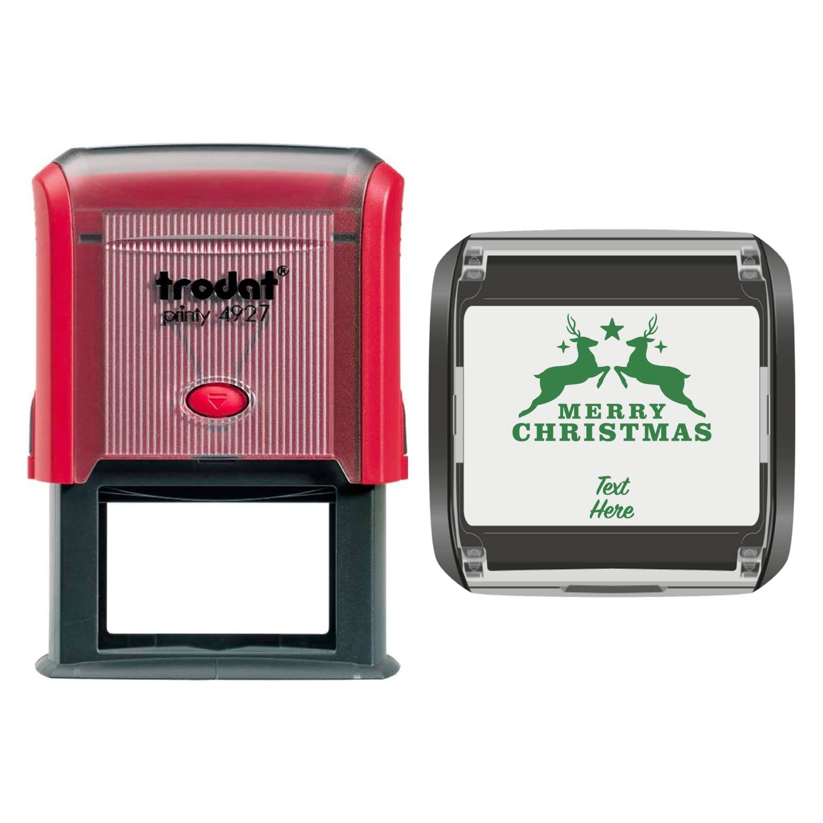 Trodat 4927 Personalised Christmas Card Message/Label Self Inking Rubber Stamp Merry Christmas Reindeer Design in Green Ink with 2 Lines of Customised Text