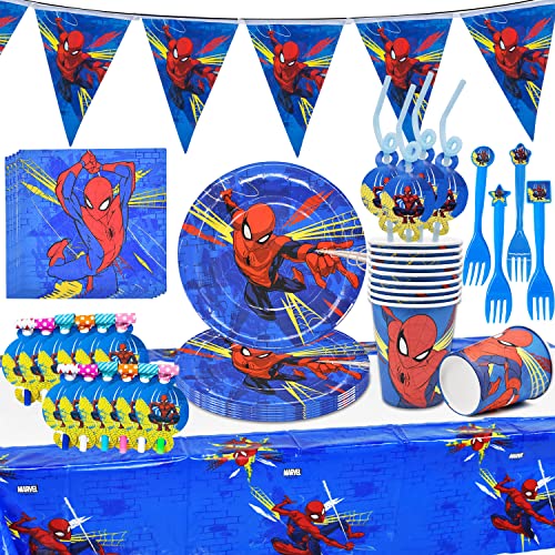 Anniversaire Spiderman Enfants Set de Vaisselle Superhéros Anniversaire Fete Vaisselle Spider Man Serviette Table Enfant Fournitures de Table Assiettes Bannière Decoration Spiderman Anniversaire 73 PC