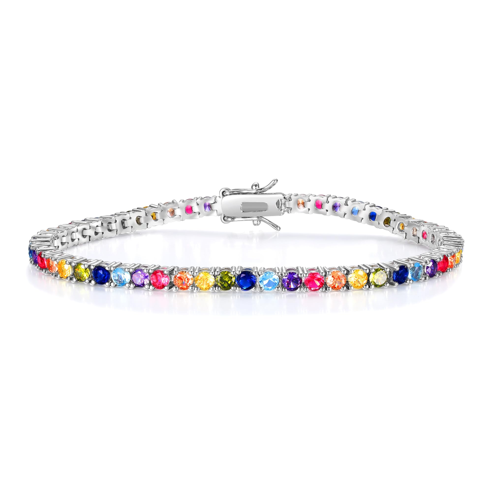 GEMSME 3.0mm Colored Cubic Zirconia Tennis Bracelet for Women, 3mm 18K White/Yellow Gold Plated Cubic Zirconia Rainbow Tennis Link Bracelet