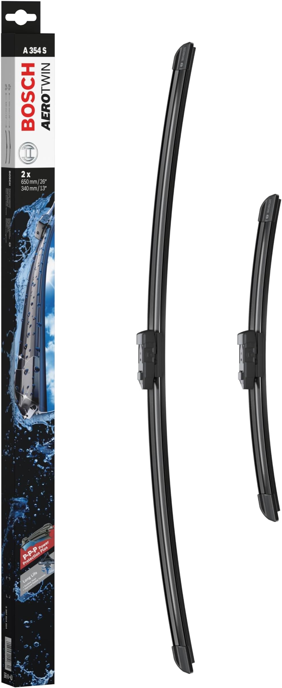 Bosch Aerotwin A 354 S - Front Windscreen Wipers - Set of 2 Replacement Blades - Comes with Pre-assembled Adapter - 2 Blades, 650mm/340mm - Only for left-hand drive (EU)