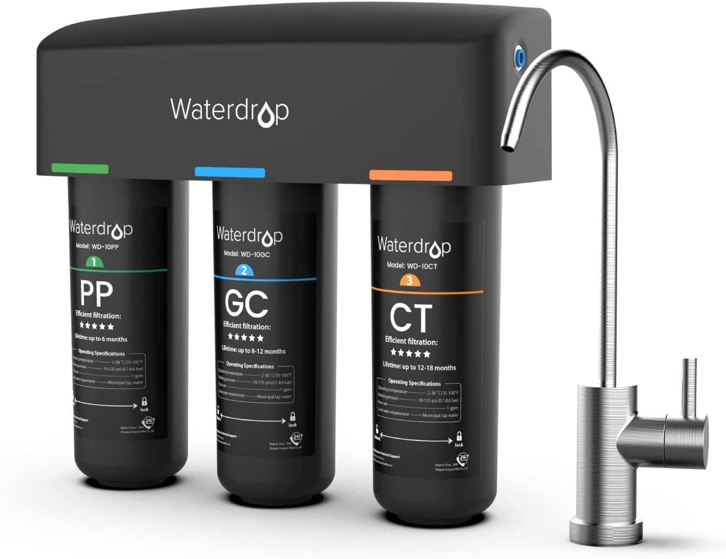 Waterdrop TSB Under Sink Water Filter System with Dedicated Faucet, 8 Layer High Capacity Water Filtration System, NSF/ANSI 42 Certified, Reduce PFAS, PFOA/PFOS, Reduce Lead, Chlorine, Bad Taste