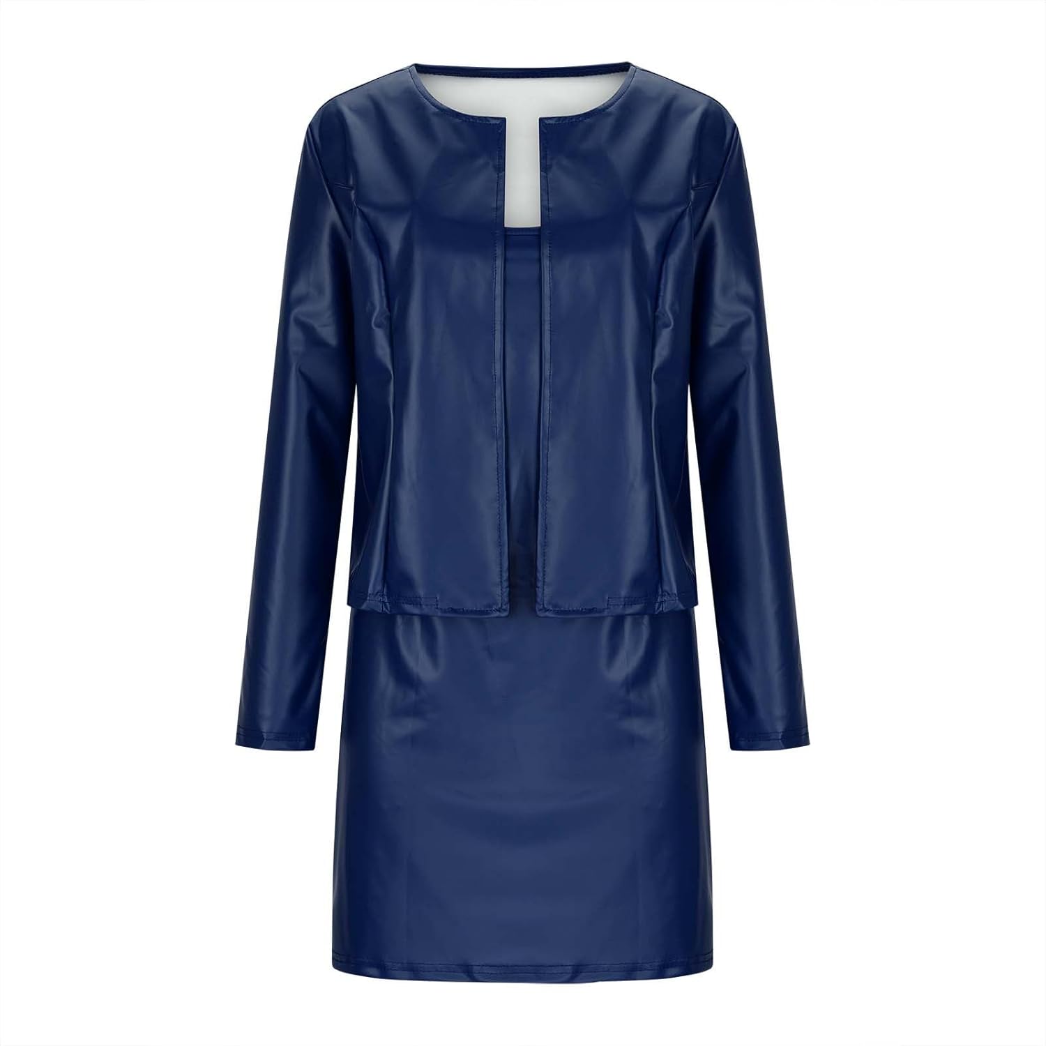 HGps8w Elegant PU Leather Suits Set for Women Long Sleeve Open Front Cardigan Jackets Cami Pencil Dress 2 Piece Outfits