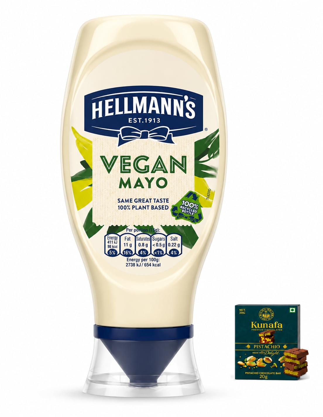Hellmanss Vegan Mayo 100% Plant Based Same Great Taste Squeeze Bottle 430ml With FREE Flavourito Kunafa Chocolate 20g By Decadent Foods-image-34