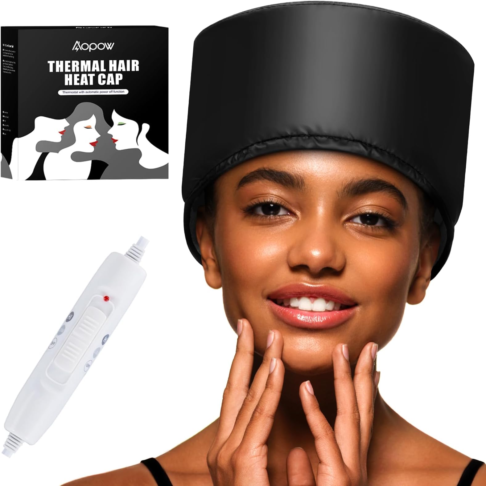 AOPOW Heated Electric Thermal Steamer Cap for Natural Black Afro Hair - Hot Spa Treatment Hat with Temperature Control for Deep Conditioning at Home - Black
