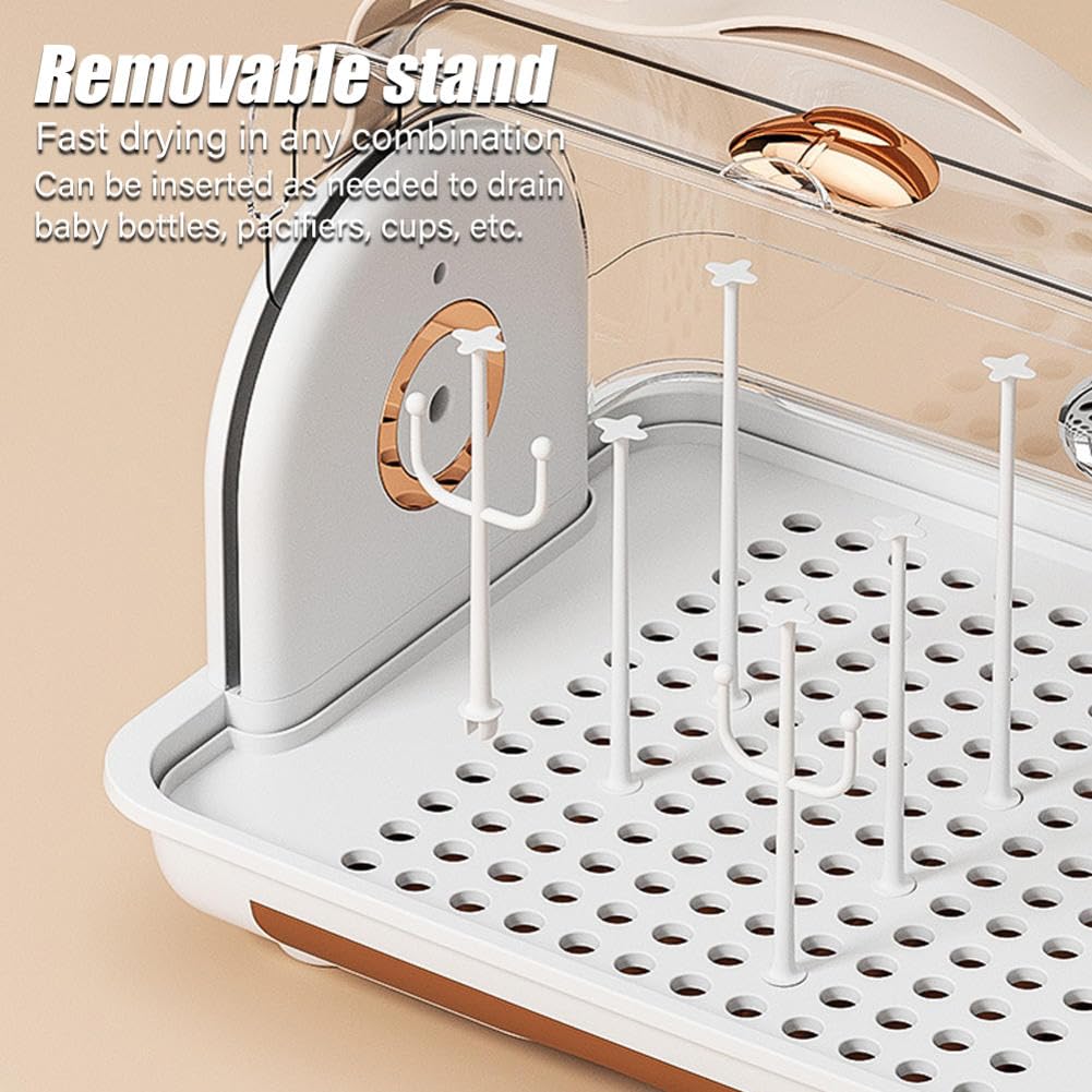 Escurridor portátil para biberones con tapa, diseño vertical, asa de transporte y bandeja de drenaje, ideal para botellas, tazas y platillos, ahorra espacio y es eficiente