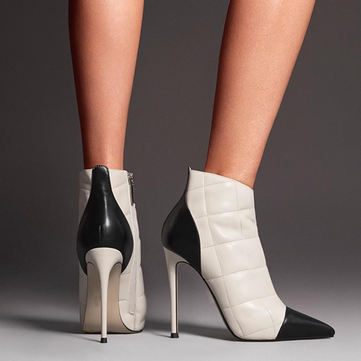 FOWT Women Two Tone Pointed Toe Ankle Boots Stiletto High Heel Short Booties Side Zipper Dance Party Shoes Size 4-16 US