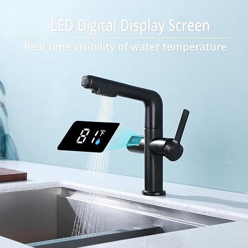 Miniatura 2 de Grifo de baño LED con rociador extraíble, grifo alto de baño negro mate con pantalla digital de temperatura, grifo de fregadero de cocina de 1