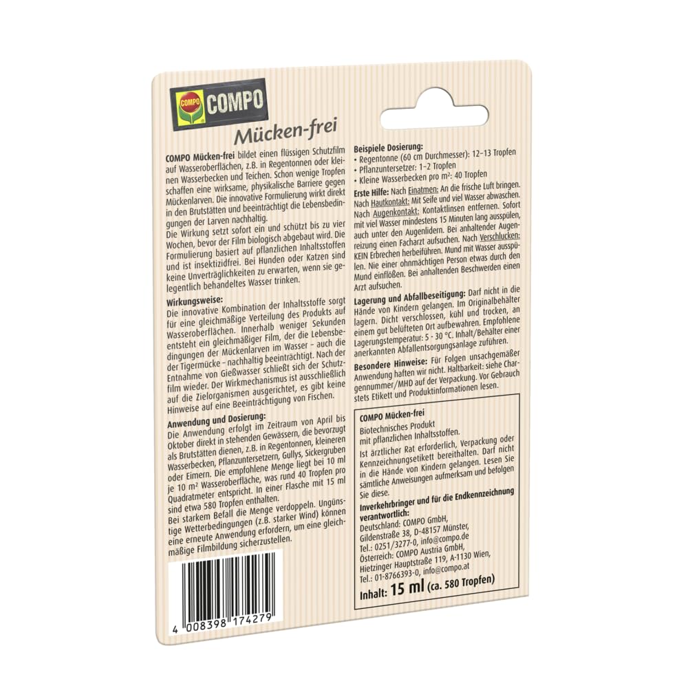 Compo Mücken‑frei, 15 ml – Physikalische Barriere gegen Mücken‑ und Tigermückenlarven, für Regentonnen & Teiche, bis zu 4 Wochen Schutz gegen Mückenlarven & 100 % pflanzlich