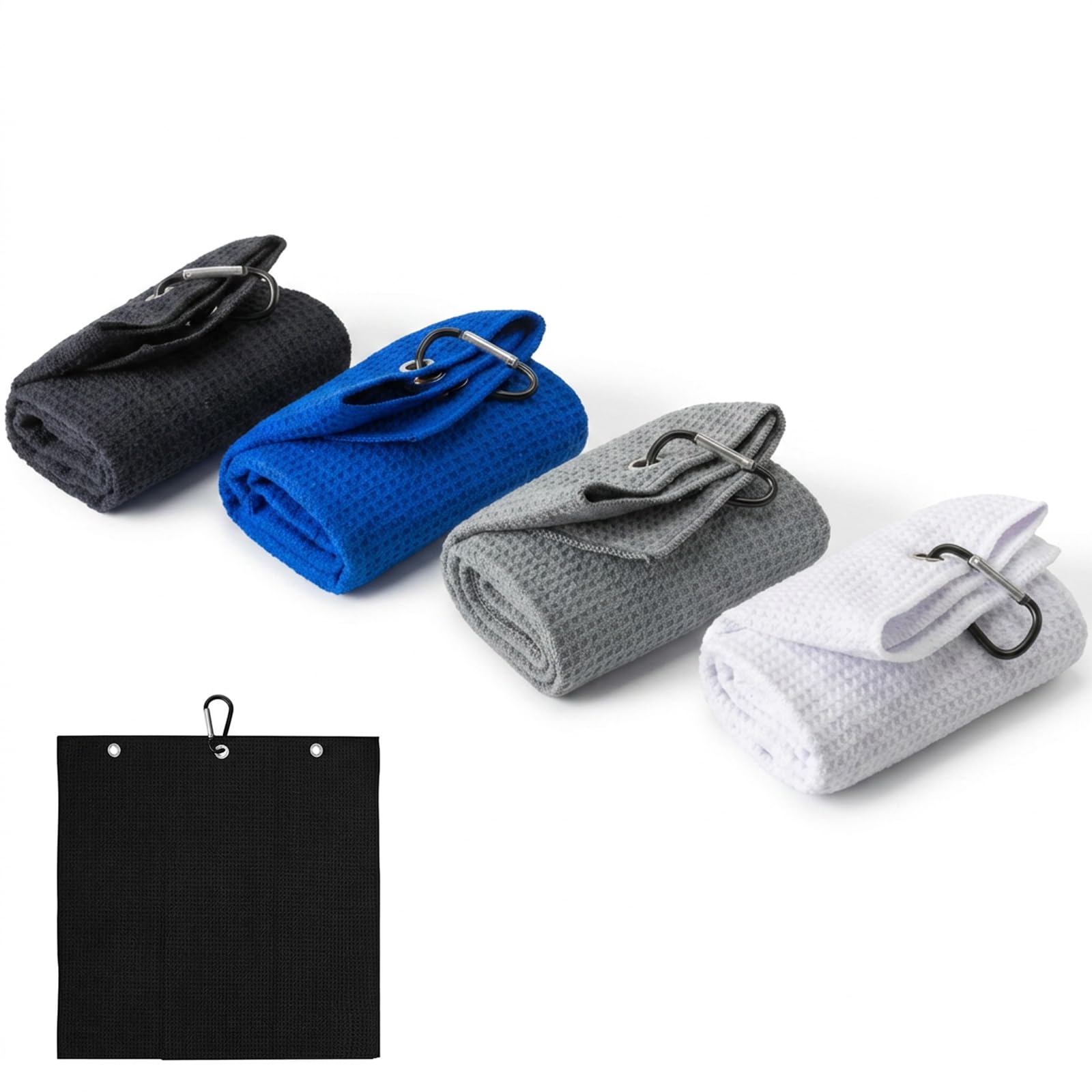 4 PCS Golf Towels, Microfiber Waffle Towel with Clip, Golf Towels For Golf Bags With Clip, Golf Towels for Golf Bags Golf Course Exercise Gym Outdoor Yoga Men Women, Blue, Dark Gray, Black, White