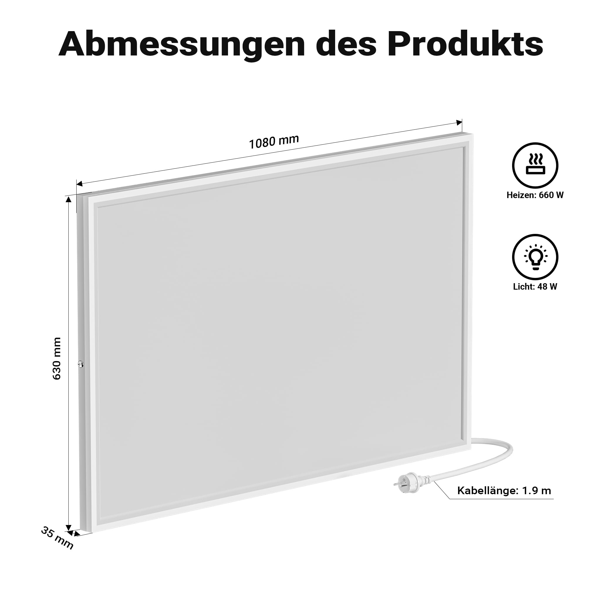 Wiltec Infrarot Deckenheizung 370 W, Infrarotheizung Deckenmontage mit LED-Beleuchtung 65,5 x 63 x 3,5 cm, Infrarot Heizung mit Thermostat