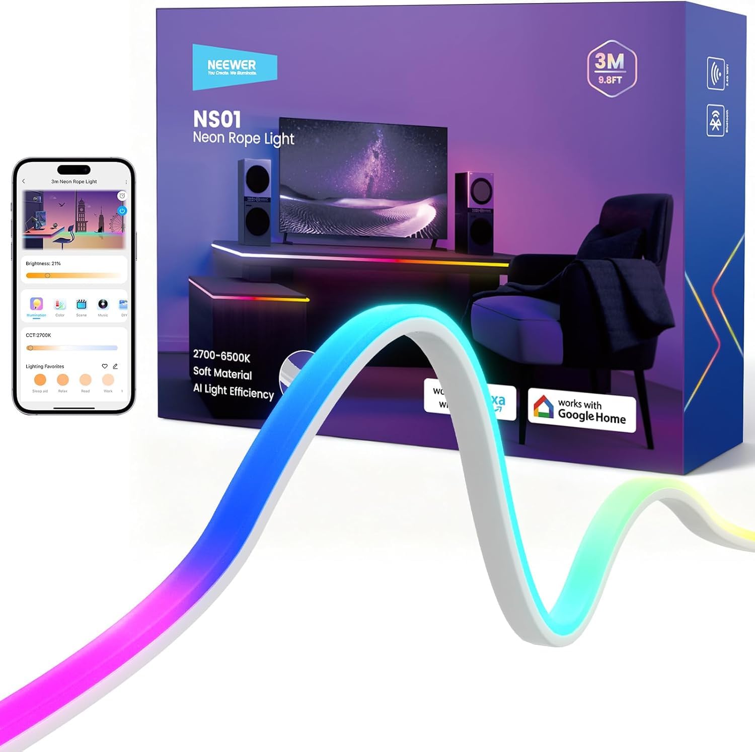 NEEWER Taśma LED 3 m z oświetleniem przednim, neonowe światła RGB do cięcia Smart AI, sterowanie aplikacją zmiana kolorów do sypialni pokoju zabaw do nauki domu klasy zewnętrznej ściany wystrój