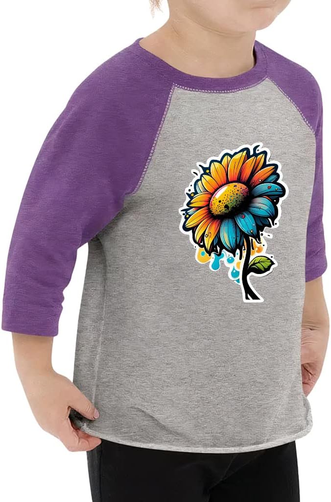 Flower Print Toddler Baseball T-Shirt - Cute Cartoon 3/4 Sleeve T-Shirt - Printed Kids' Baseball Tee