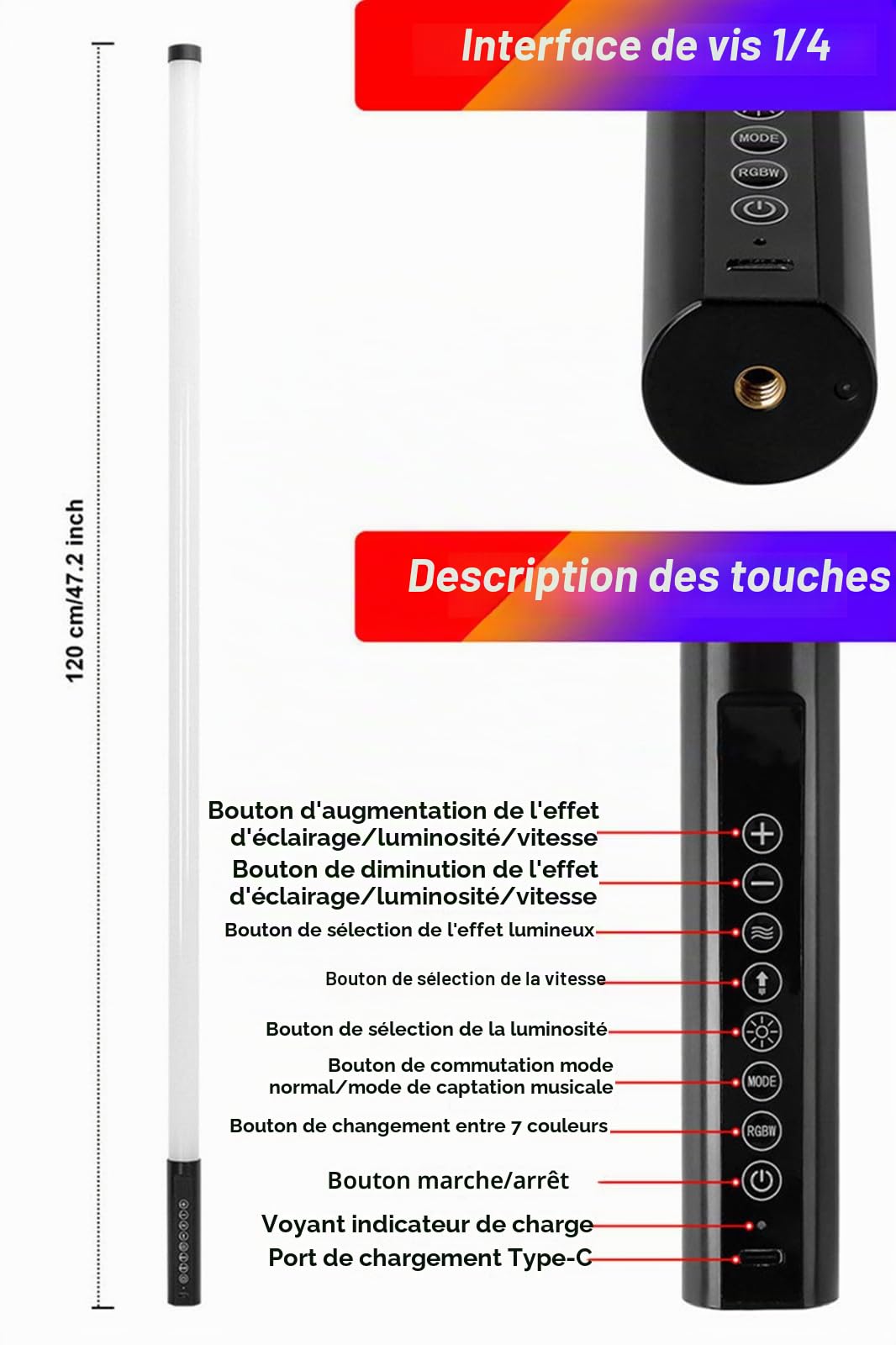 Lot de 6 tubes lumineux RVB portables avec étui - 5000 mAh - Fonctionne avec piles - Pour studio vidéo LED, photographie, danse DJ, fête, scène, cabine photo