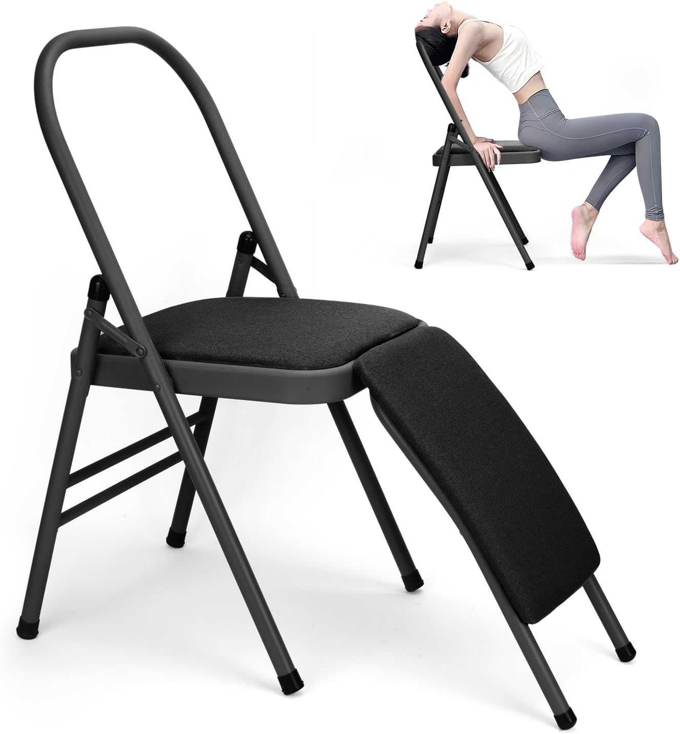 Yoga Auxiliary Chair with Lumbar Back Support Professional Thickened Foldable Balance Handstand Training Tool Abs & Core Strength Training Black