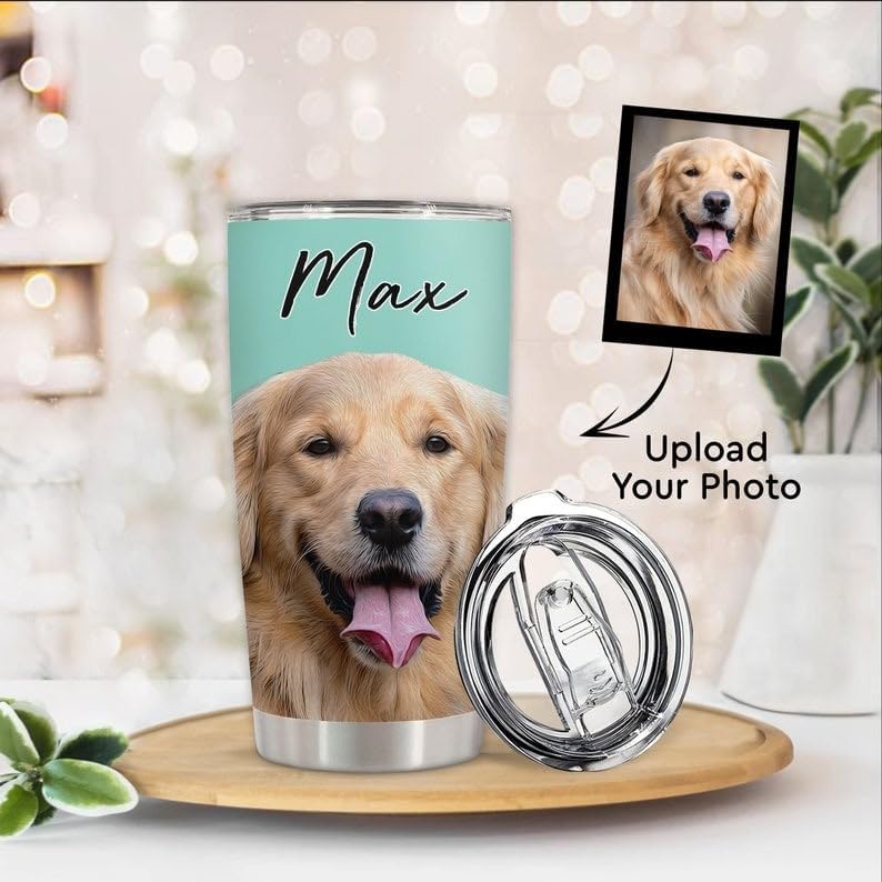 Vista 2 de Vaso de acero personalizado con foto de perro, taza de viaje de acero inoxidable de 20 onzas 30 onzas, taza de viaje aislada, café aislado