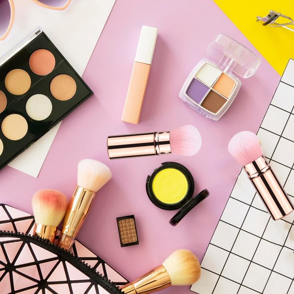 Retractable Makeup Brush Telescopic Face Brush Retractable Face Kabuki Brush Round Powder Travel Makeup Brushes Powder Foundation Blush Portable Makeup Brush (Gold Pink) - Image 3