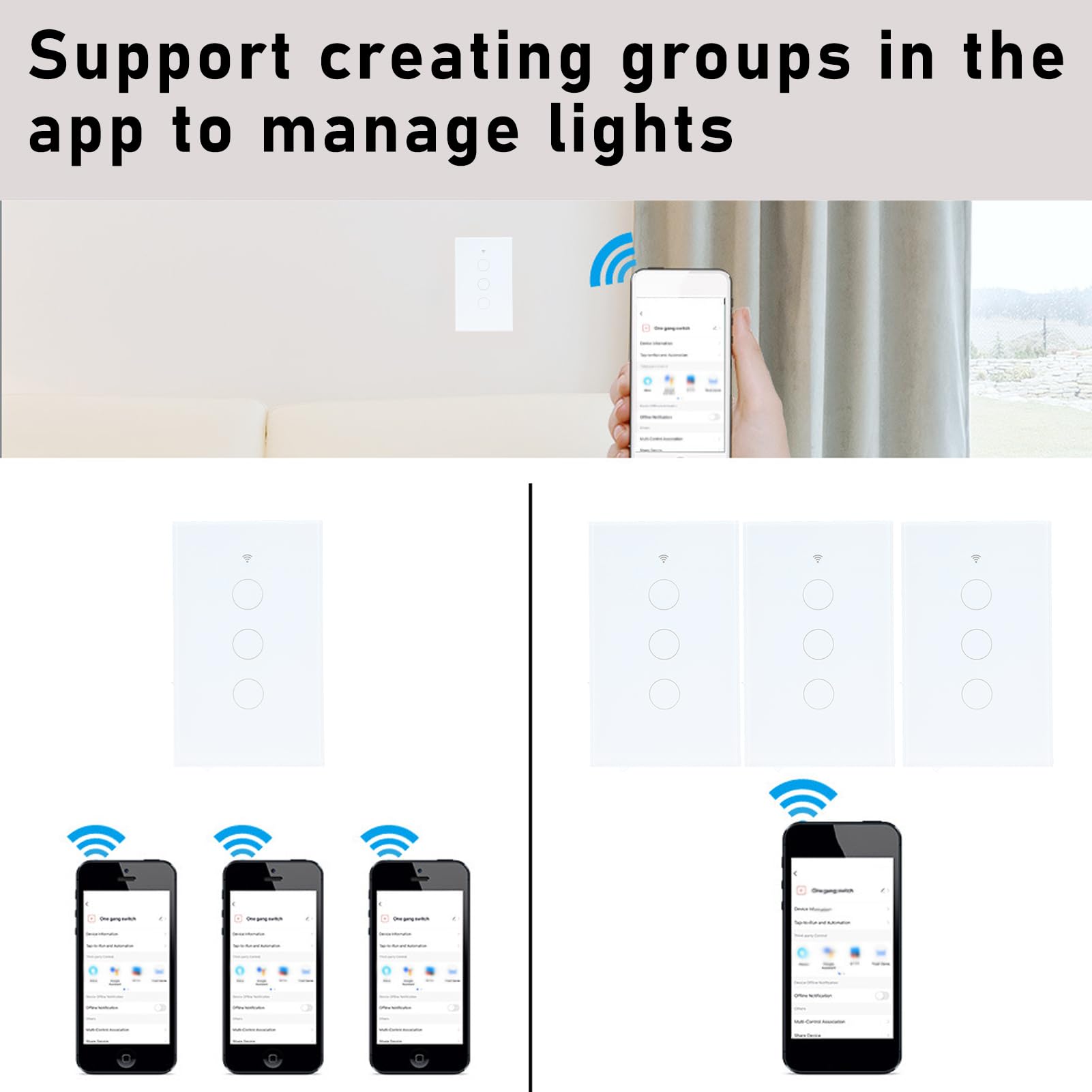 Interruttore tattile intelligente con luce, telecomando, 3 gruppi, tipo americano, compatibile con Tuya Zigbee, interruttore a parete intelligente per la domotica, design moderno, (Bianca)
