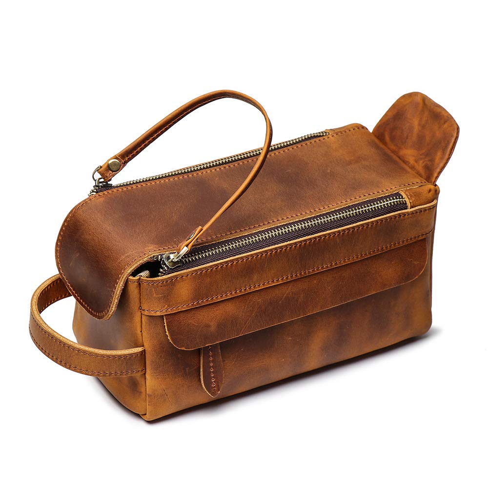 LUOKIR Leather Toiletry Bag Vintage Travel Shaving Dopp Kit for Toiletries Cosmetics More Spacious Interior Compact Fits Easily in Luggage (Vintage Brown)
