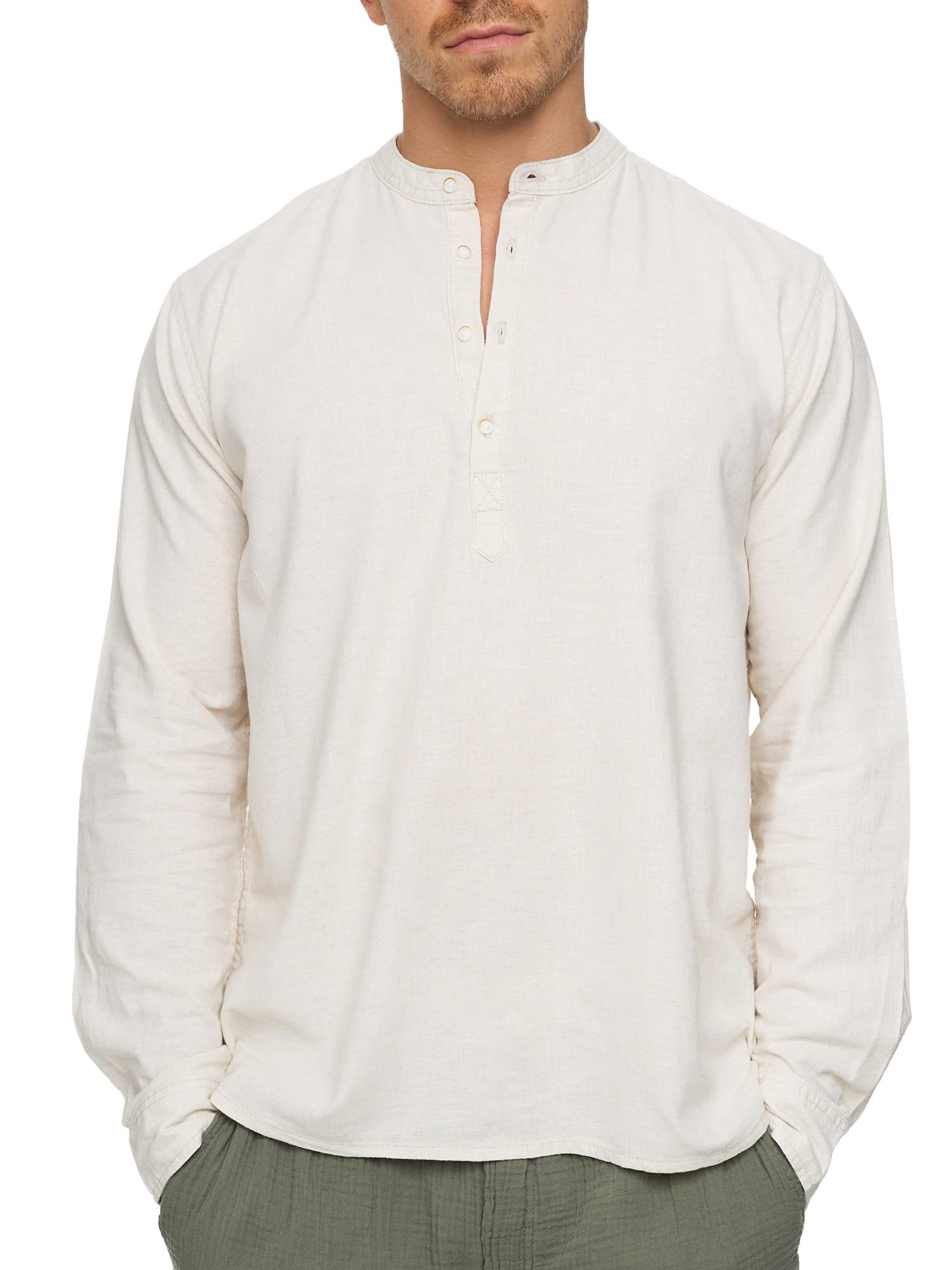 Indicode Hombres Waylon Camisa con Cuello de Pico confeccionada en Mezcla de Lino y algodón