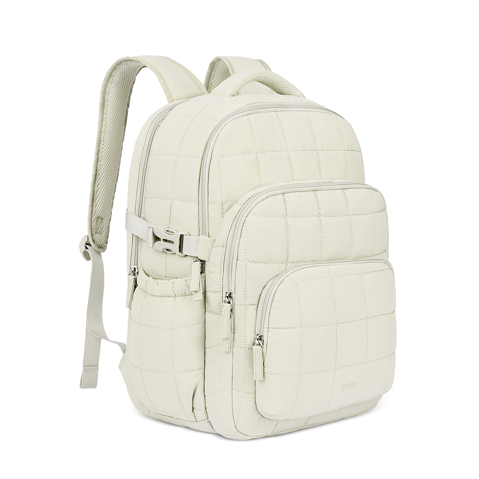 CLUCI 17.3 Inch Laptop Backpack for Women, Anti Theft Travel Backpack, Puffer Quilted Work Backpack, Water Resistant College Bookbag, Carry on backpack with RFID (Beige)