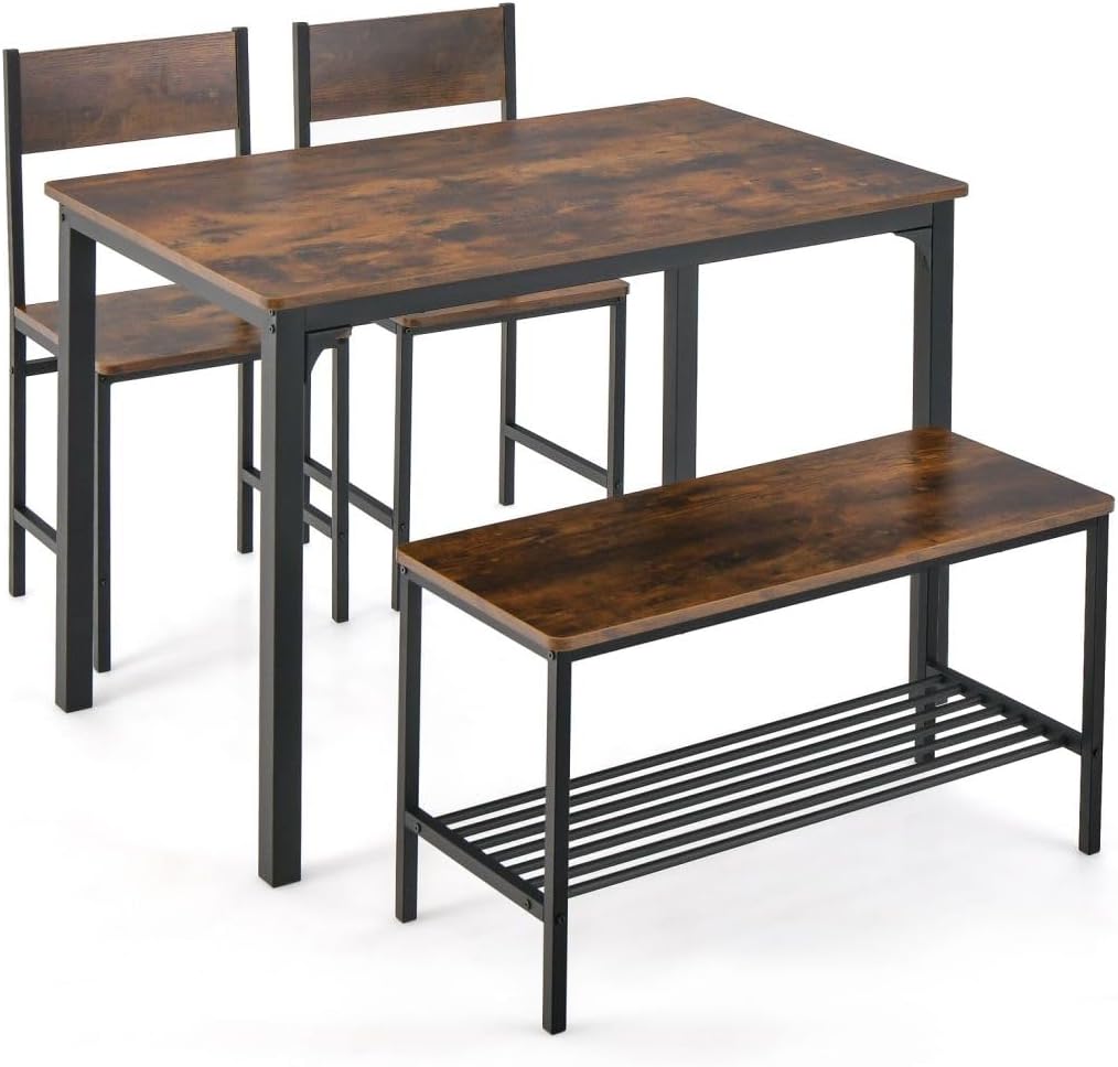 GiantexUK Dining Table and 2 Chairs with Bench, 4PCS Wooden Dining Room Set with Storage Rack ...