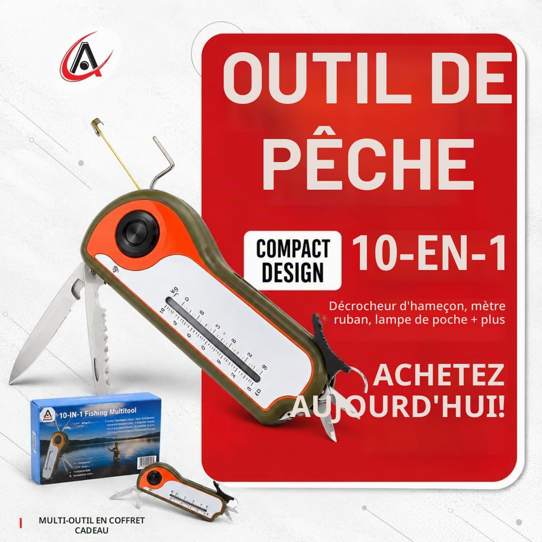 Outil de cadeau de pêcheur Pêche Outil - Crochet Remover Grattoir, Évoluer, mètre à ruban, Appât Cutter, lampe de poche, ciseaux, poids Échelle, décapsuleur, idée de cadeau pour homme femme enfants