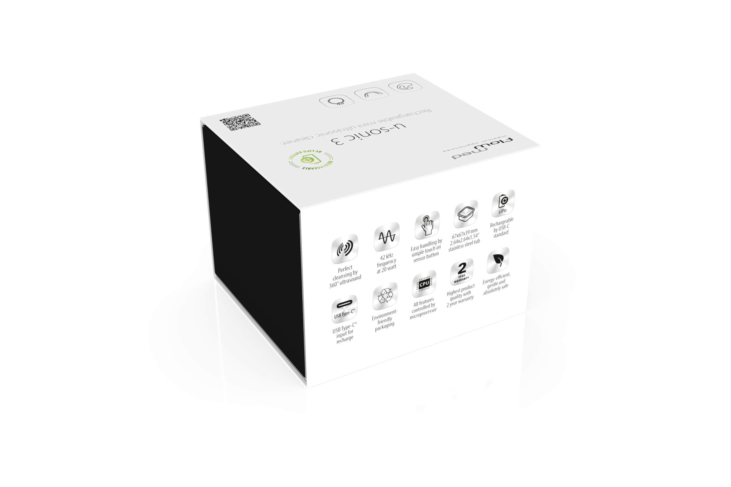 flow-med u-sonic 3 - Ultraschallreinigungsgerät - Wiederaufladbarer Akku | Ultraschallgerät Ohrpassstücke, Gehörschutz & Otoplastiken - Integrierter Akku - 360° Reinigung - 125ml Edelstahl – Behälter