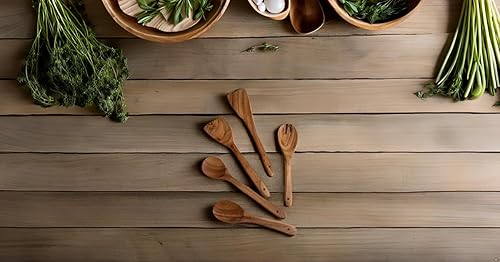 Miniatura 6 de Juego de 5 cucharas antiadherentes de madera de acacia para cocinar, utensilios de cocina de madera, cuchara, tenedor y volteador, cucharón y