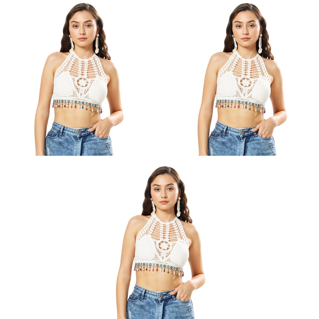 Womens Summer Beach Backless Crochet Halter Bikini Crop Top Hollow Out Tassle Embroidery Knit Boho Beachwear 3PCS White-image-41