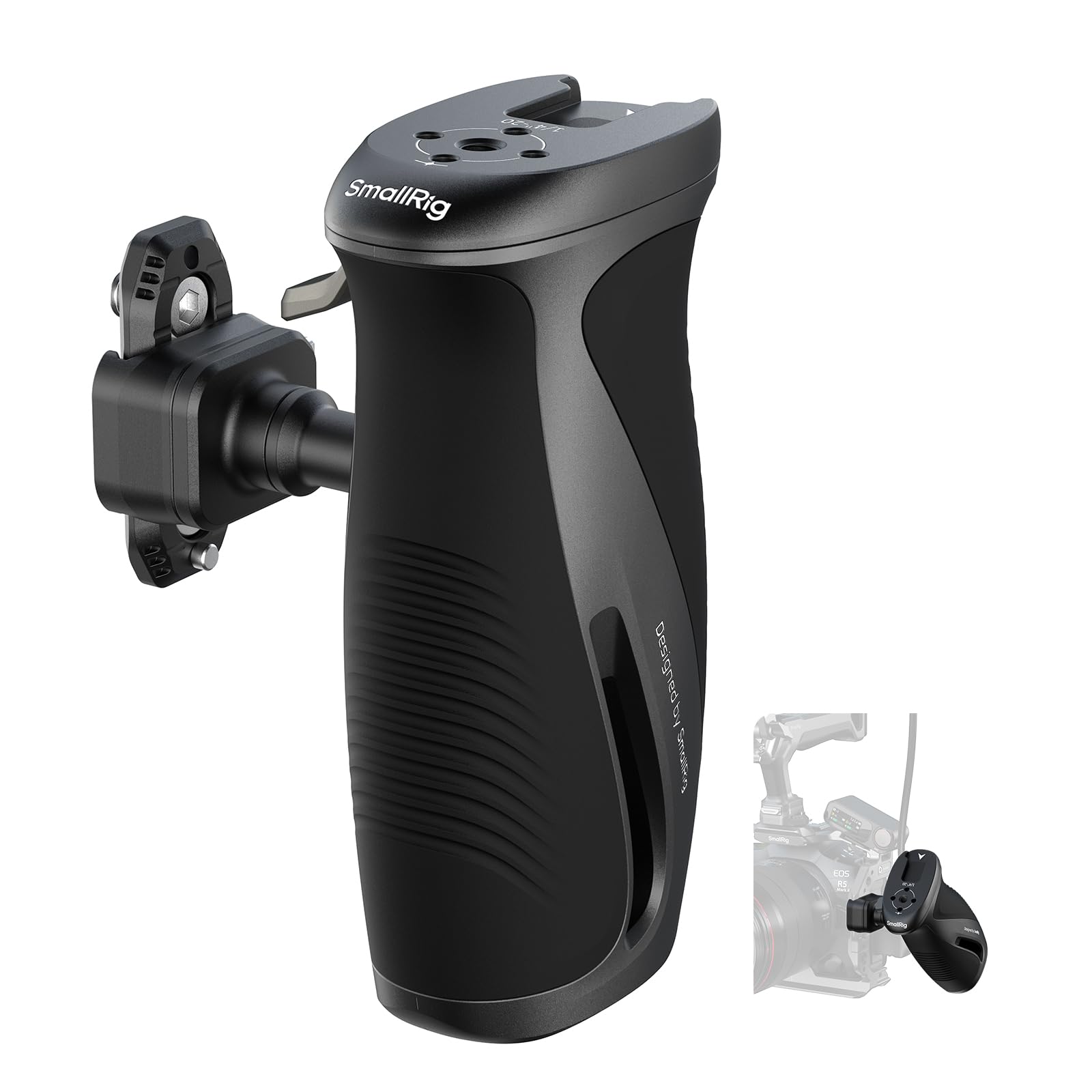 SMALLRIG Poignée latérale rotative avec pince à dégagement rapide NATO "HawkLock" H21, inclut un rail NATO H21, ajustable à 360°, charge de 15 kg / 33 lb, grip ergonomique en silicone – 6405