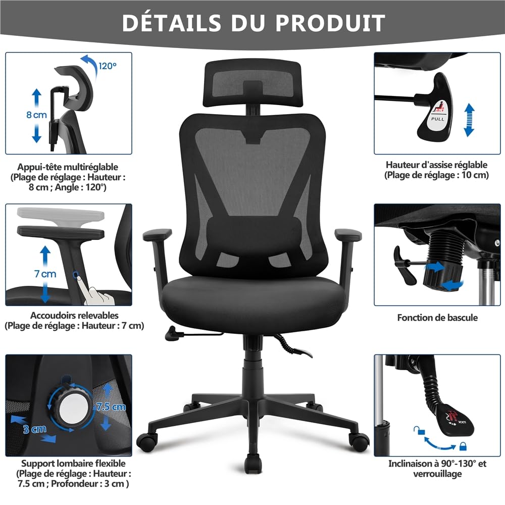 Yaheetech Chaise de Bureau Ergonomique Inclinaison Verrouillable Fauteuil de Bureau en Maille avec Support Lombaire et Appui-tête Accoudoirs Réglables roulettes Pivotantes Charge 136 kg Noir