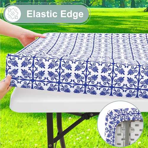 Image of misaya Picnic Table Cover with Bench Cover, Waterproof Elastic Fitted Tablecloth for 5 Foot Tables, Rectangle Washable Polyester Tablecloths for Picnic, Camping, Outdoor (Blue, 30 inch x 60 inch)