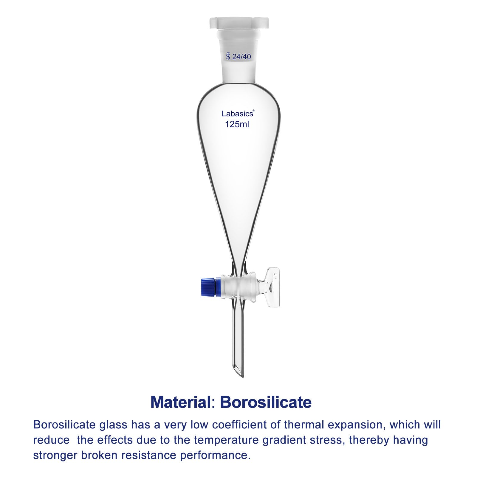 Labasics Entonnoir de Séparation Conique en Verre Borosilicaté 125 ml avec Robinet en Verre, Idéal pour la Séparation des Liquides en Laboratoire