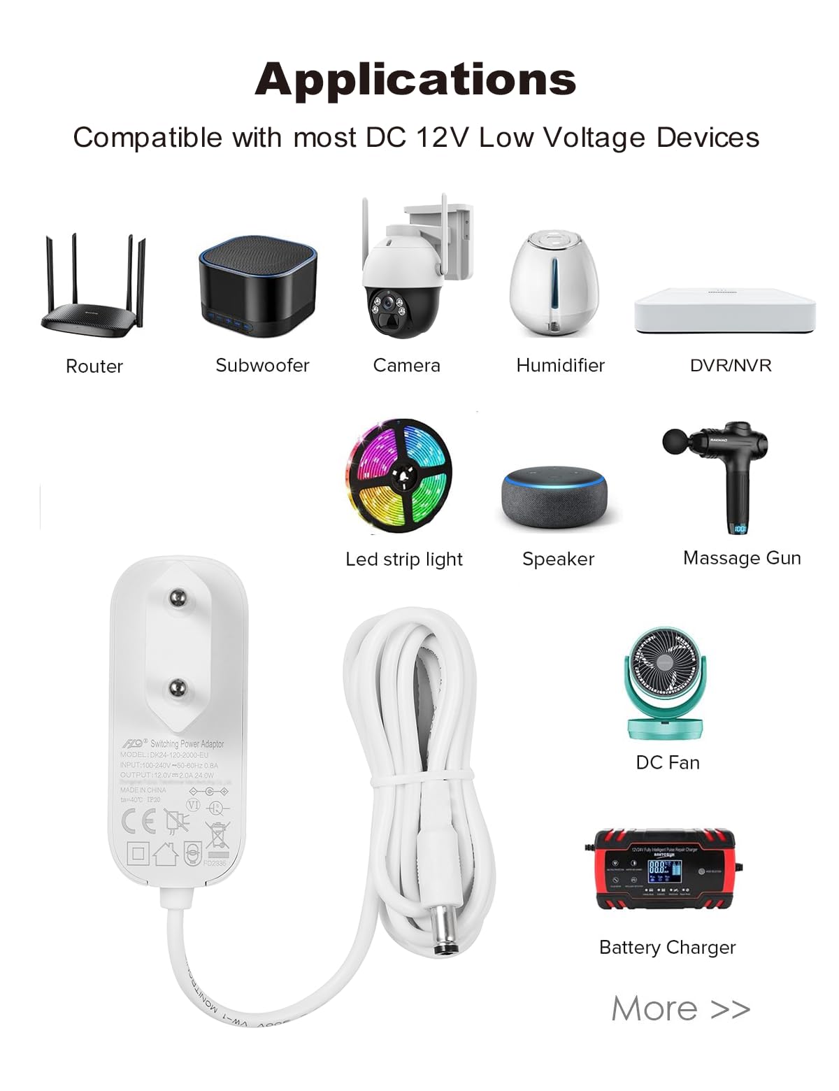 Tonton 12 V, 2 A DC zasilacz z 1,8-metrowym kablem, 24 W adapter sieciowy, wtyk 5,5 mm x 2,1 mm, zasilacz sieciowy do kamer nadzoru, NVR DVR IP kamera, taśma LED, TV-Box. Rejestrator CCTV (1,8 metra