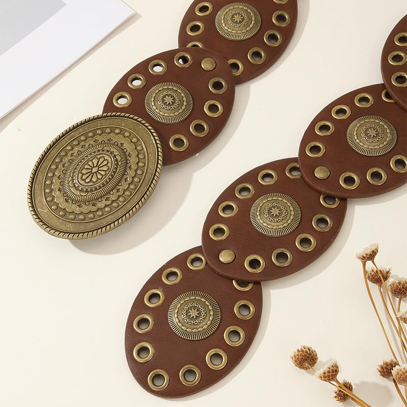 Western-Wide-Disc-Belt for Womens-Oval-Belt - Vintage Hollow-Rivet Cowgirl-Boho-PU-Leather-Belt for Dress Jeans2