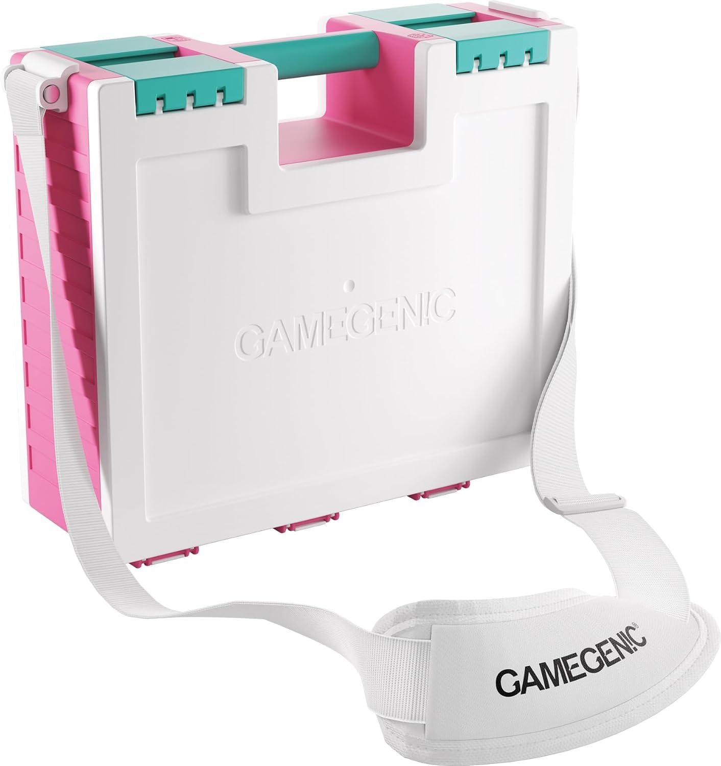 Asmodee Gamegenic - Game Castle Pink White Teal - boîte de rangement transportable pour accessoires de jeux et cartes, rangement pour jeux de société avec bandoulière réglable, mallette tout-en-un