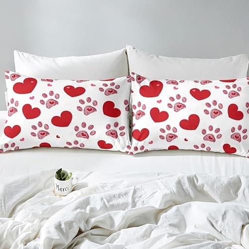 Miniatura 5 de Juego de sábanas bajeras para parejas, tamaño Queen, con estampado de patas de gato, perro, corazón, amor, corazón, día de San Valentín, boda,