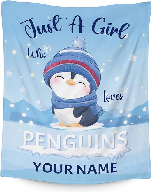 Custom Penguin Blankets with Name - Soft Warm Blanket Throw for Kids, Adults - 40"x50" Flannel Blankets for Couch, Sofa - Blue Cute Blanket Gifts