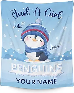 Custom Penguin Blankets with Name - Soft Warm Blanket Throw for Kids, Adults - 40"x50" Flannel Blankets for Couch, Sofa - Blue Cute Blanket Gifts