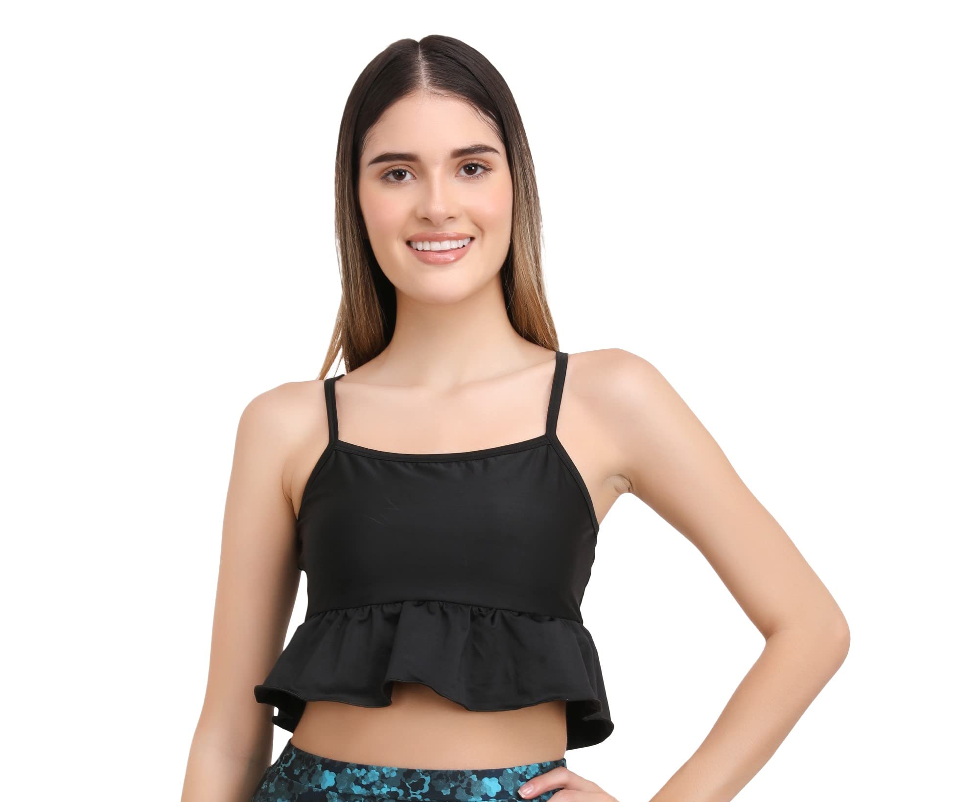 CREVOX Solid Black Layer Padded Sports Crop Top for Womens