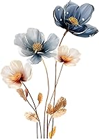 dechom Gold Leaf Blue Flower Wall Decal - Vintage Watercolor Floral PVC Peel & Stick Wall Art for Living Room Bedroom Decor 16x22in