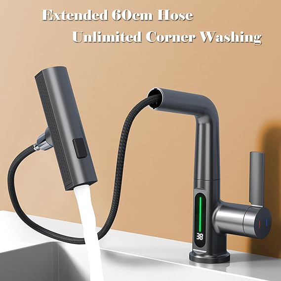 Single Hole Faucet Bathroom, Bathroom Faucet with Pull Out Sprayer, LED Temperature Display ℉ Liftable Bathroom Faucet 360° Swivel, Modern Bathroom Faucets with 3 Modes (Silver)