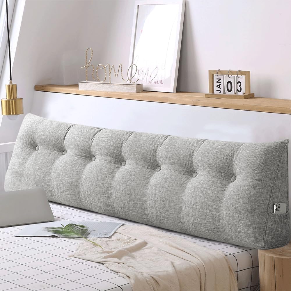 Keilkissen, dreieckig, Lendenwirbelstütze, großes Rückenkissen, Baumwolle und Leinen, Lesekissen für Bett, Lesekissen, abnehmbar (Hellgrau, 180 x 50 x 20 cm, Baumwolle und Leinen)