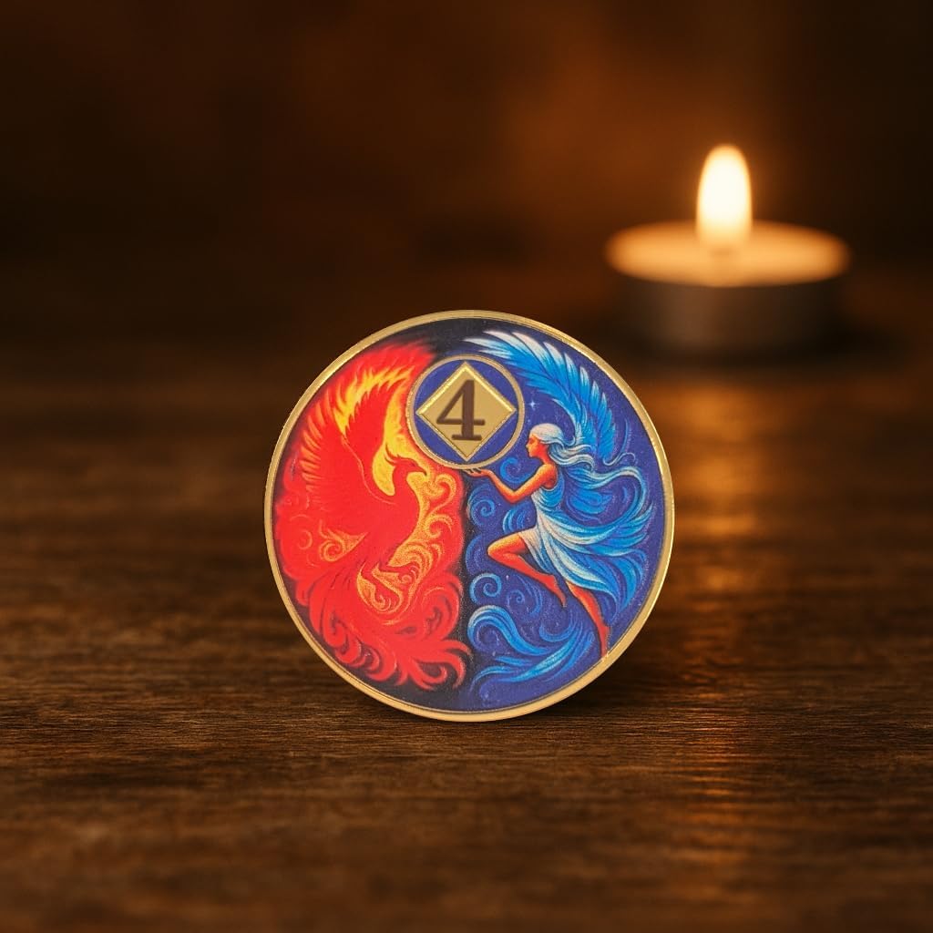 Phoenix and Angel NA Recovery Coin, Custom Engraved Clean Time Medallion, 40mm Narcotics Anonymous Sobriety Anniversary Gift