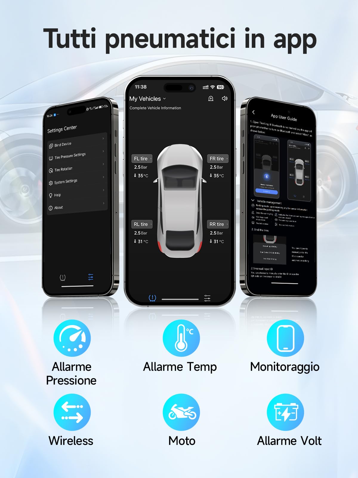 Moman Moto TPMS 4 Monitor di pressione dei pneumatici e temperatura con funzione di allarme, compatibile solo con iOS e Android