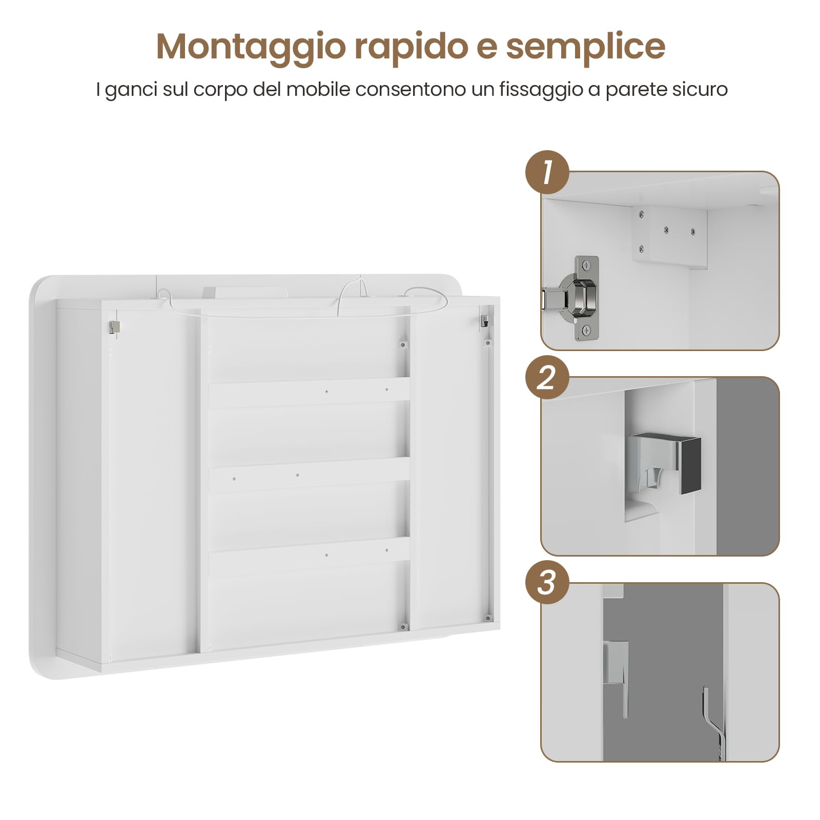 Mobile Bagno Specchio con Luce e Contenitore – Armadietto a Specchio 3 Ante, Larghezza 80 cm – Specchio Bagno LED 3 Colori Dimmerabile – Specchiera Bagno con Ricarica USB+Prese